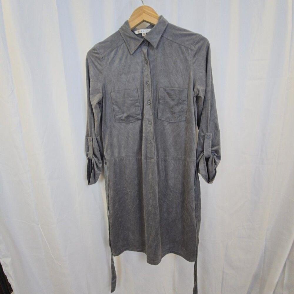 Max Studio Dress Womens Medium Gray Faux Suede Belted Shirt Dress 3/4 Sleeve